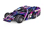 Traxxas Slash Modified RC dirt oval racer in black, pink, and blue livery with number 12 on the side and roof.