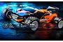 Studio shot of an XRAY XT2 1/10 scale electric RC stadium truck with a custom orange and black paint job, set against a dark, textured background with blue digital graphics.