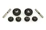 HSP differential gear set including two large bevel gears, four small satellite gears, and two metal pins on a white background.