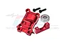 GPM Racing red anodised aluminium rear gear cover set with screws and a ball bearing on a white background.