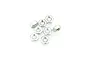 A cluster of eight small silver-coloured metal hex nuts arranged on a white background.
