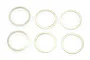 Six thin, flat, circular metal washers arranged in two rows of three against a white background.