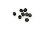 A cluster of eight small black metal grub screws with hexagonal drive sockets, arranged on a white background.