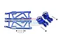 A set of blue anodized aluminium RC suspension parts including two lower arms, two rear hubs, and associated screws and nuts.