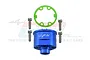 A blue anodized aluminium differential case by GPM Racing, including a green gasket and four mounting screws.