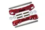 GPM Racing red aluminium front lower suspension mount set with included metal pins, screws, and plastic washers on a white background.
