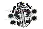 A collection of black aluminium RC car upgrade parts including steering knuckles, wheel hexes, and linkages on a white background.