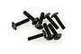 A cluster of eight black metal button head screws with Phillips drive heads arranged on a white background.