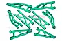 A set of eight green anodized aluminium RC suspension arms from GPM Racing, arranged on a white background with a faint logo watermark.