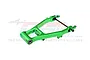 A green anodized aluminium rear swing arm for an RC car, featuring a Y-shaped design with a metal hinge pin and hardware attached.