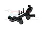 GPM Racing black aluminium steering assembly set for RC cars, featuring a bell crank, steering arms, and mounting screws on a white background.
