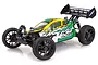 HSP Planet 1/8 scale RC buggy with green, yellow, and white bodywork, black wheels, and a rear wing, isolated on a white background.