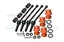 GPM Racing 88mm carbon steel CVD driveshafts, orange aluminium wheel hexes, and hardware set for RC cars.