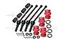 A set of GPM Racing RC car parts including four black steel CVD driveshafts, four red aluminium wheel hex hubs, and various small hardware components.