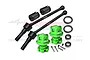 GPM Racing 88mm carbon steel CVD shafts with green aluminium wheel hexes, lock nuts, bearings, and pins.
