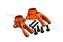 Two orange anodized aluminium RC steering hubs with six black screws on a white background.