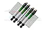 Four GPM Racing green and black aluminium RC shock absorbers with extra springs and mounting hardware on a white background.