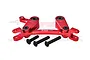 A red anodized aluminium steering bell crank and drag link assembly by GPM Racing, shown with three black mounting screws against a white background.