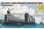 Box art for Takom 1/350 scale USS ABSD-1 Large Auxiliary Floating Dry Dock plastic model kit, showing the dry dock in water with a warship nearby.