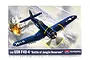 Box art for the Academy 1/48 scale USN F4U-4 Corsair model kit, featuring an illustration of the aircraft in flight over a snowy landscape.