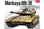Box art for an Academy 1/72 scale Merkava Mk. III tank model kit featuring an illustration of the tan tank with crew members.