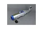 Silver RC airplane fuselage with blue nose and cockpit, including small plastic parts and a black engine cowl component on a grey background.