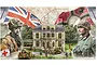 A promotional image for the Italeri Operation Market Garden Hotel Hartenstein model kit, featuring a central model building, soldiers, and historical flags.