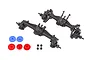 Traxxas 1/18 scale front and rear portal axle assemblies with blue and red plastic gears and small metal nuts on a white background.