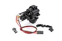 Traxxas 1/18 scale 2-speed transmission assembly with an attached brushed motor, wiring, and small hardware components on a white background.