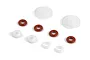 A collection of small RC shock rebuild parts including red O-rings, white plastic spacers, and two larger white plastic discs on a white background.