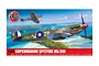 Box art for Airfix 1/24 scale Supermarine Spitfire Mk.VIII model kit featuring two aircraft flying over a tropical coastline.
