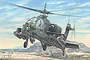An artistic illustration of an AH-64A Apache attack helicopter in flight over a desert landscape, featuring detailed weaponry and military markings.