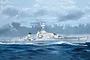 An artistic illustration of the French light cruiser Georges Leygues sailing on the ocean under a cloudy sky.