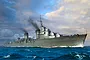 An artistic illustration of the Soviet destroyer Tashkent sailing on the ocean under a cloudy sky.