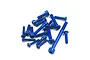 A pile of 19 dark blue anodized metal socket head screws for the Sanwa M17 transmitter on a white background.