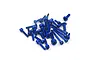 A pile of dark blue anodized metal socket head screws for RC hobby use, scattered on a white background.