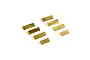 Eight small triangular brass chassis weights arranged in two rows on a white background.
