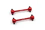 Two red anodized aluminium RC driveshafts with black cross pins, featuring the Yeah Racing logo laser-etched on the shafts.