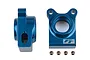 A pair of blue anodized aluminium rear hubs for an RC car, shown from side and front angles with four small grub screws included.