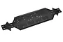 A black Team Corally aluminium flat main chassis for an RC car, shown from an elevated angle against a white background.