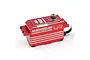 A red Yeah Racing Hackgear low profile brushless digital servo with a metal casing and silver accents on a white background.