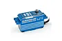 A blue Yeah Racing Hackgear low profile brushless digital servo with a metal case and silver accents on a white background.