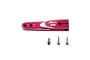 A red MKS X8 V2 metal servo horn with three included mounting screws on a white background.