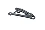 A single carbon fibre rear suspension arm for an RC car, featuring a triangular cutout and multiple mounting holes, isolated on a white background.
