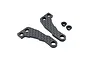 Two carbon fibre steering arms and two small black metal nuts on a white background.