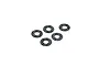 Five small, circular carbon fibre shims with a woven texture arranged on a plain white background.