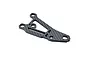 A single carbon fiber RC car front suspension arm with a triangular cutout and multiple mounting holes, isolated on a white background.