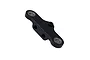 A black anodized aluminium steering rack component for RC cars featuring two ball bearings and three threaded mounting points.