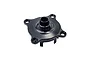 A black anodized aluminium half differential housing for an RC car, featuring a central hub and four mounting holes, isolated on a white background.