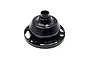 A black anodized aluminium half differential housing for RC cars, featuring a circular base with mounting holes and a central cylindrical protrusion.